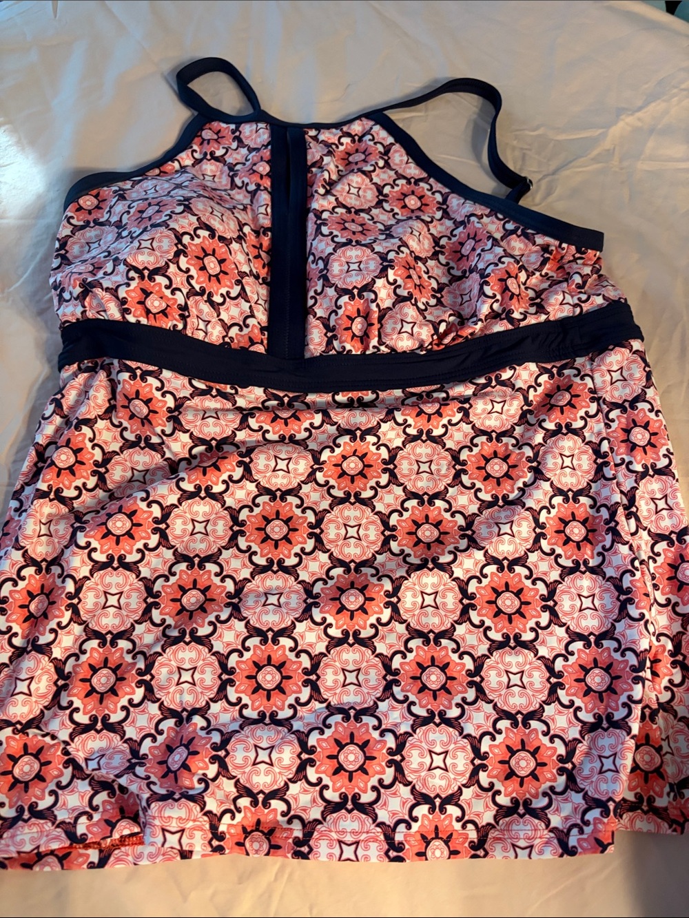 Lands' End Coral Pink and Navy Floral Tankini Top